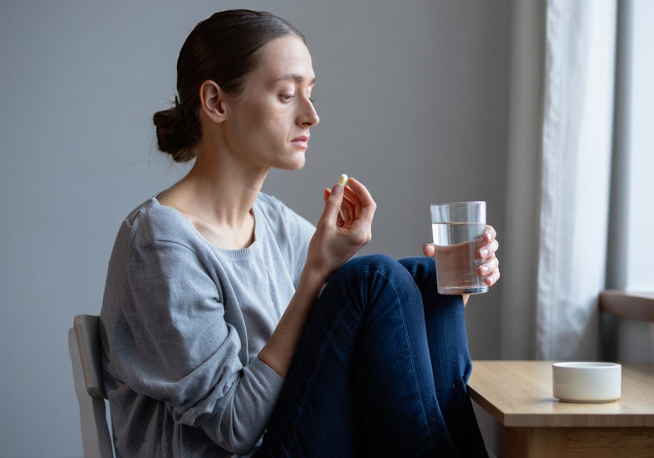Девушка пьет таблетку