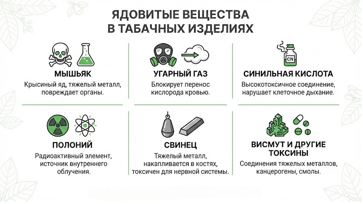 Инфографика о вредных и ядовитых веществах в табачных изделиях: мышьяк, угарный газ, синильная кислота, полоний, свинец и висмут.